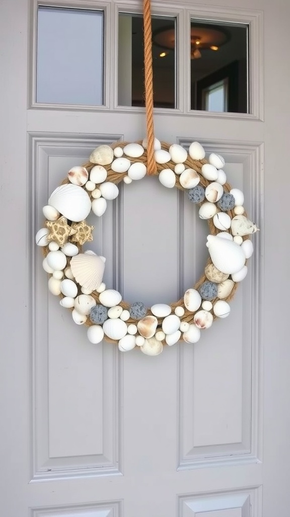 A nautical-themed wreath made of seashells and pebbles, hanging on a front door.