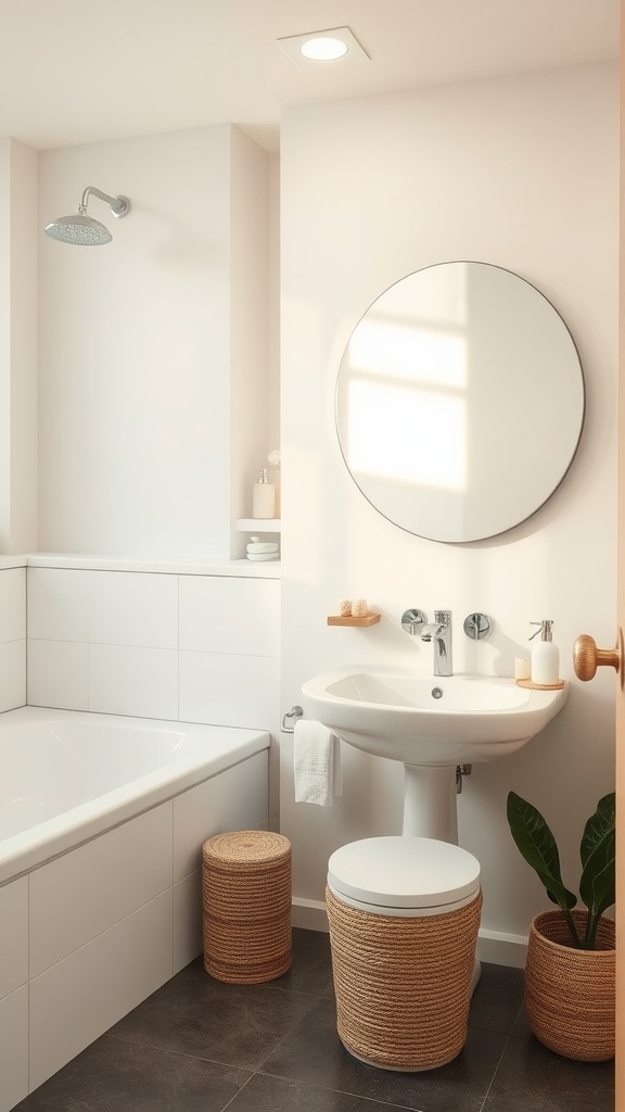 A minimalist Japanese bathroom featuring neutral colors with a bathtub, sink, and natural accents.