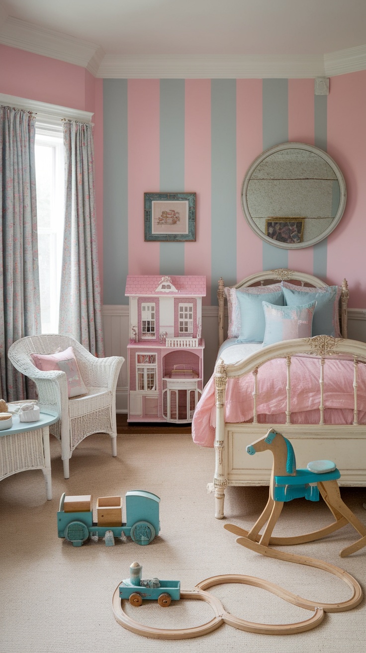 A cozy shabby chic bedroom with pastel pink and blue stripes, featuring a vintage bed, a dollhouse, a rocking horse, and a wicker chair.