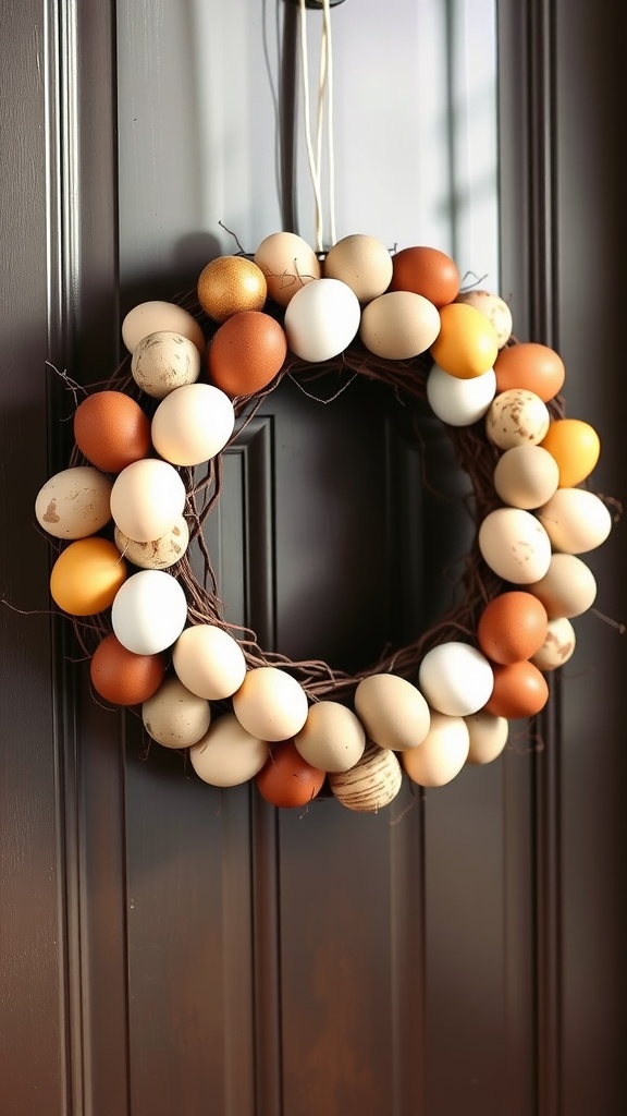 A wreath made of assorted eggs in ombre colors, hanging on a door.