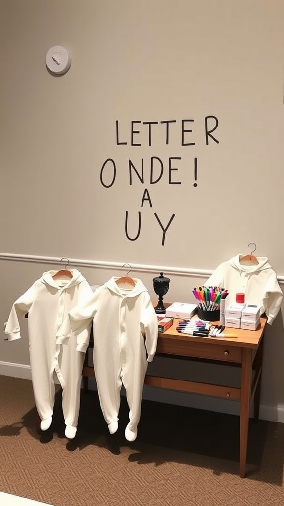 A decorated baby onesie station with blank white onesies and colorful markers on a table.