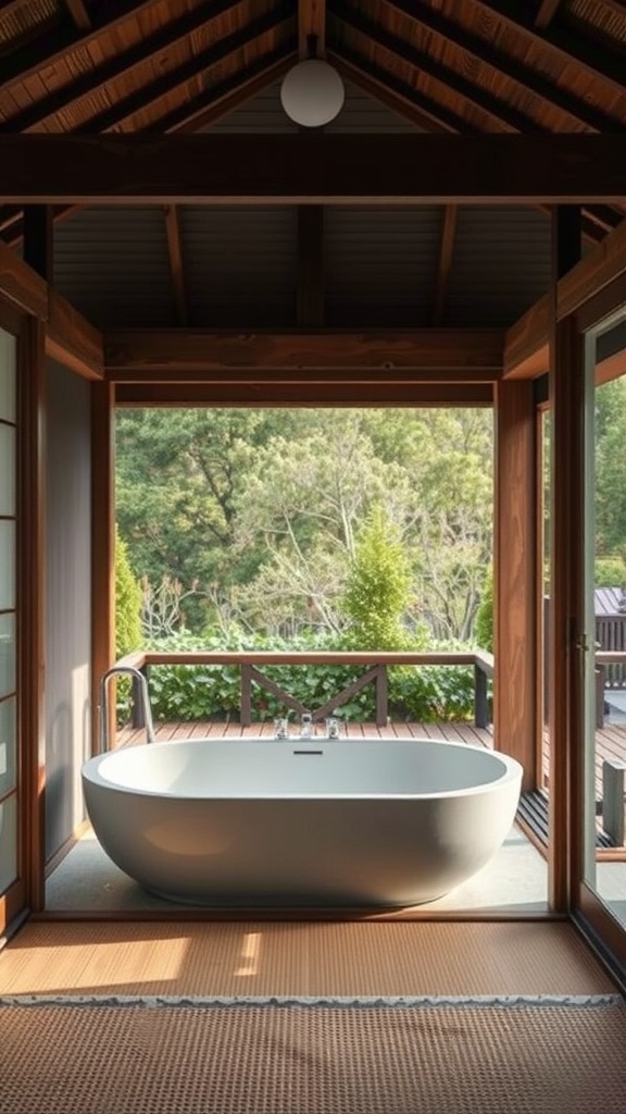 A serene open-air bathroom featuring a freestanding bathtub, surrounded by nature.