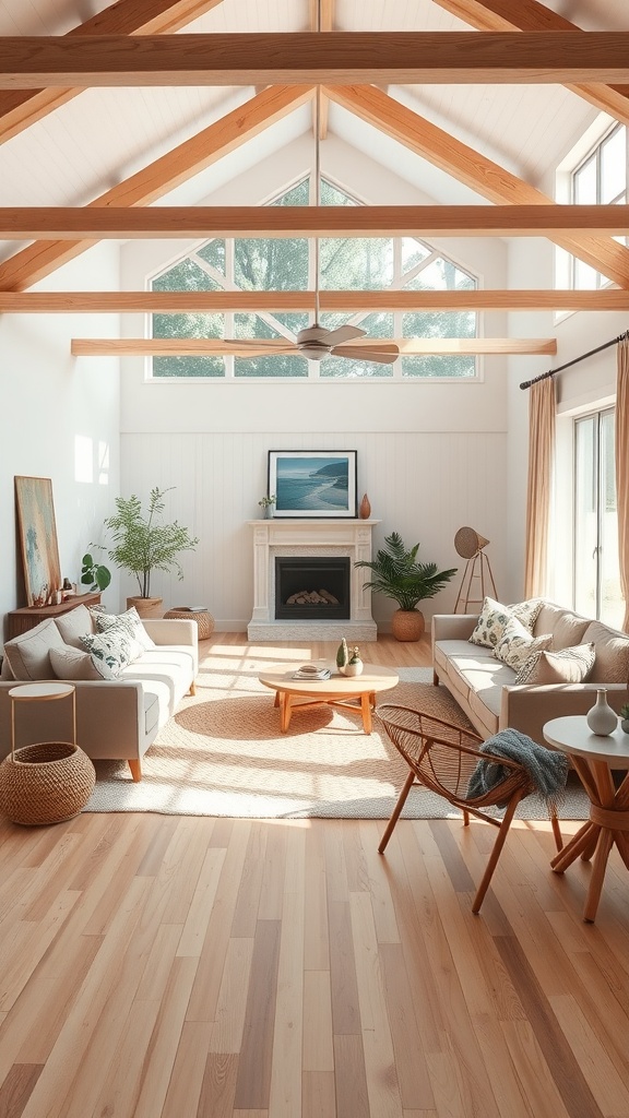 Bright and open modern living room with large windows, wooden beams, and cozy furniture.