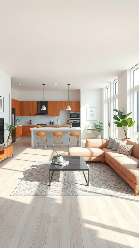 Open concept living room and kitchen with large windows, a cozy sofa, and modern kitchen features