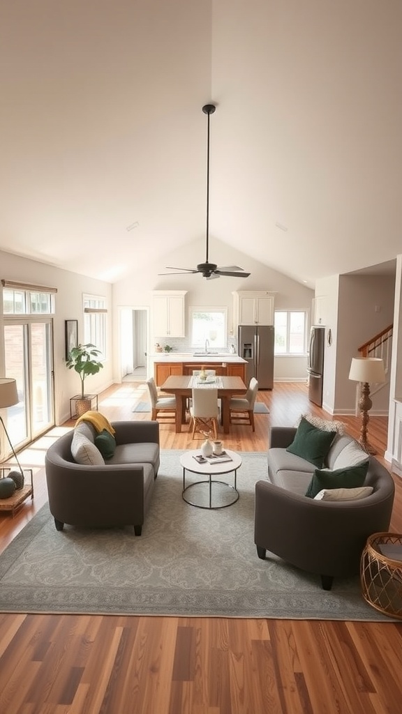 Open floor plan of a ranch-style living room featuring a cozy seating area, dining space, and large windows allowing natural light.