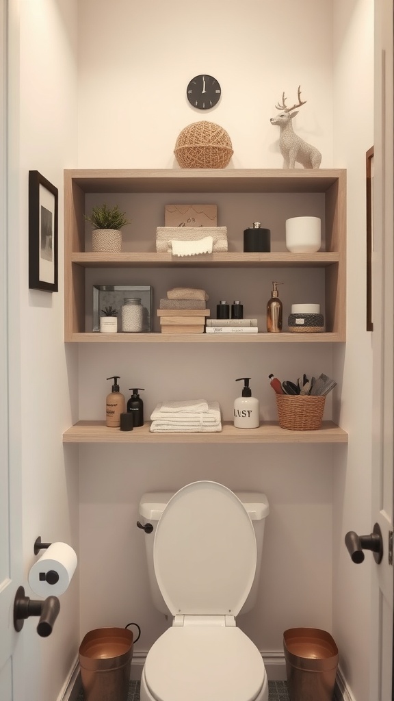 Open shelving in a small bathroom with decorative items and neatly organized towels.