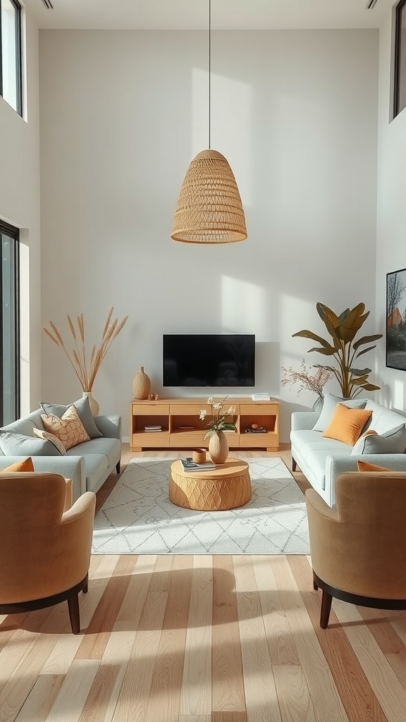 Modern boho living room featuring organic shapes and curves in furniture and decor.