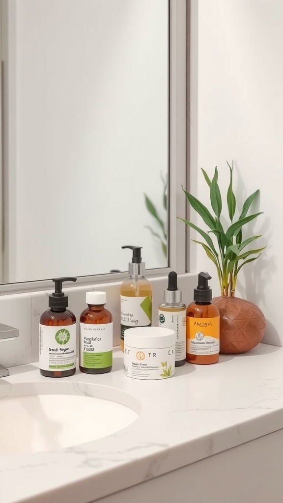 A warm bathroom countertop featuring various organic skincare products, including cleansers, oils, and moisturizers, alongside a small green plant.