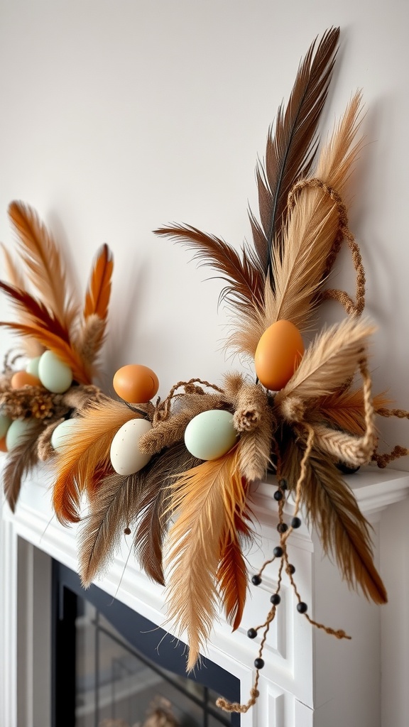 Easter garland featuring ornamental feathers and colorful eggs on a mantel