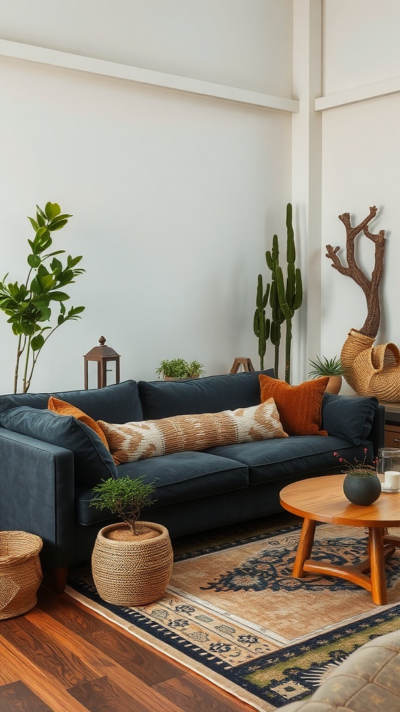 A cozy living room featuring a dark gray couch surrounded by plants and natural decor.