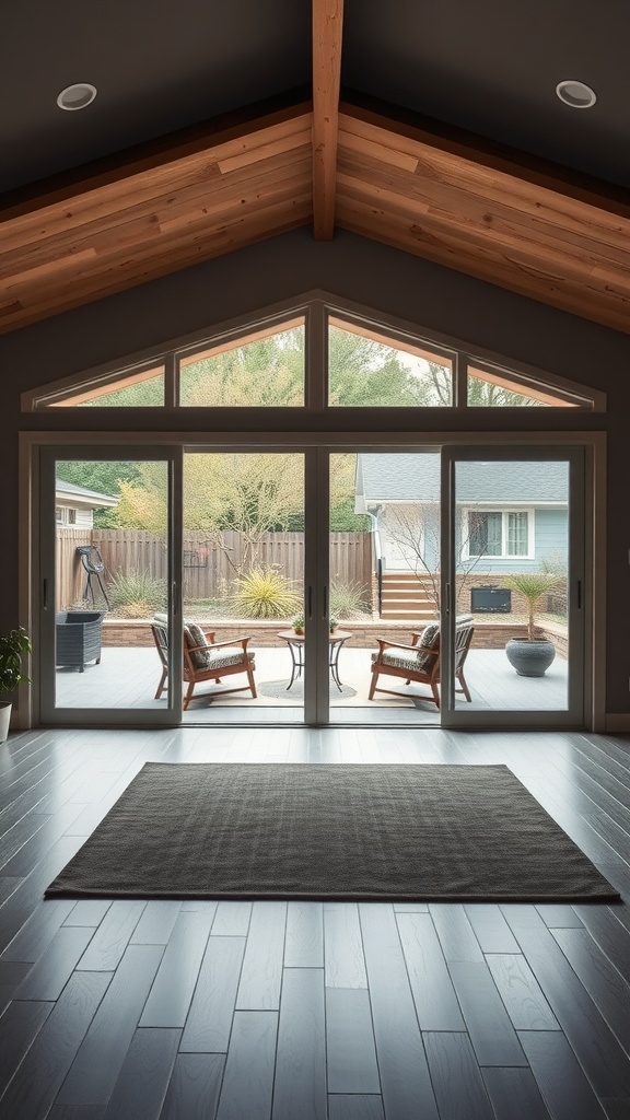 A ranch-style living room with large glass doors opening to an outdoor seating area.