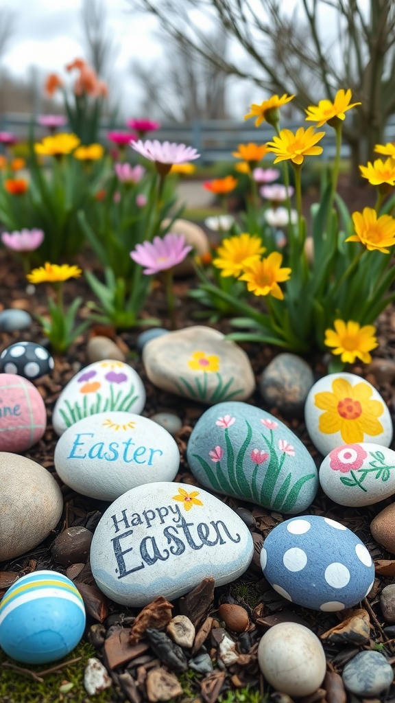 Colorful painted rocks with Easter messages surrounded by blooming flowers.