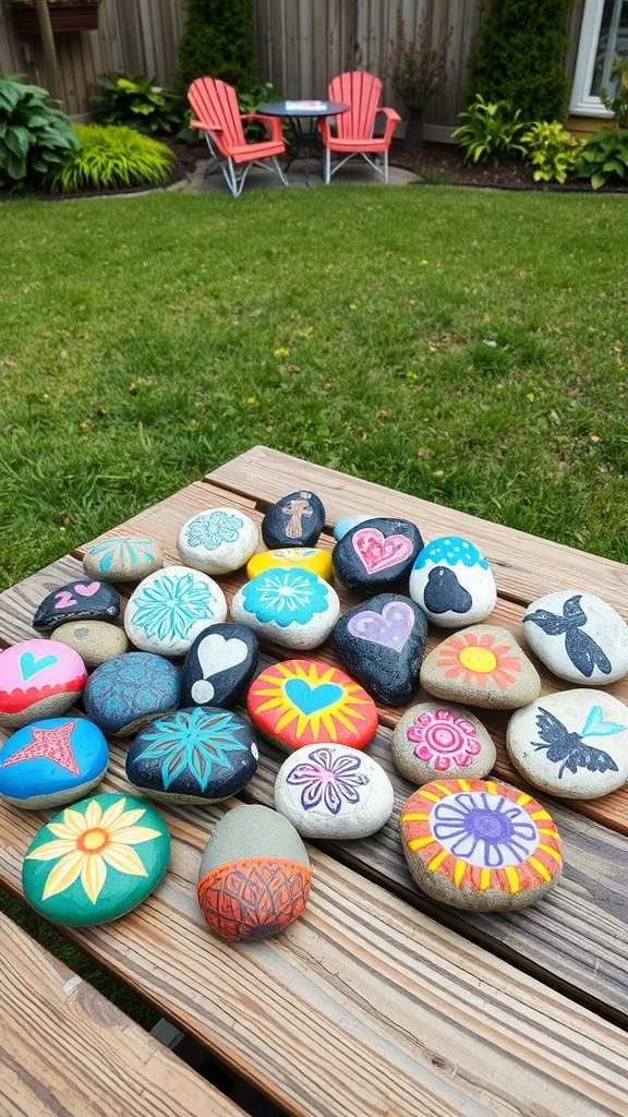 A collection of painted rocks with various colorful designs on a wooden table in a garden setting.