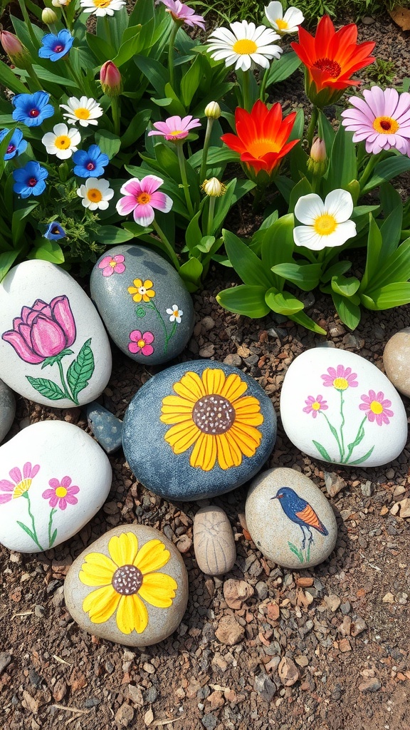 Colorful painted stones in a garden with flowers