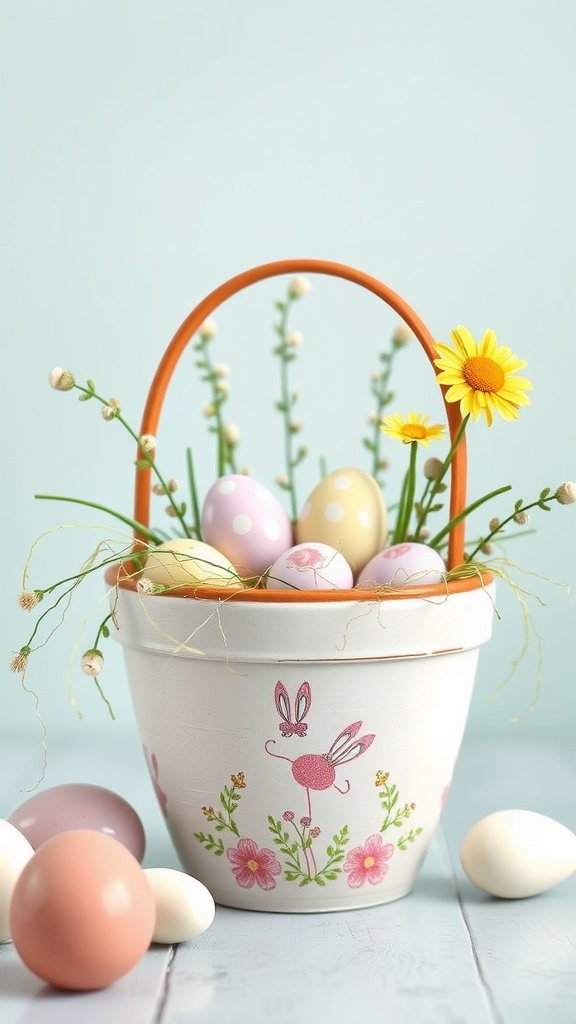 A painted terra cotta pot basket filled with Easter eggs and flowers on a light background