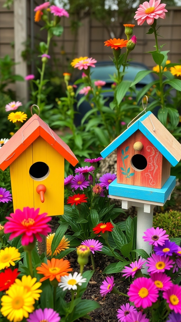 Two colorful painted wooden birdhouses surrounded by blooming flowers in a garden