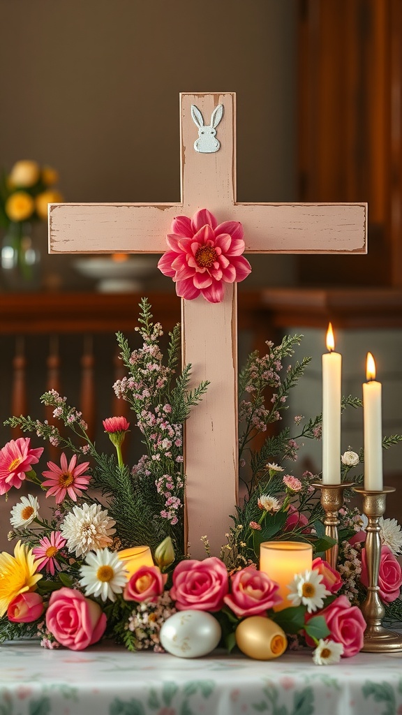 A beautifully decorated painted wooden cross centerpiece with flowers and candles for Easter.