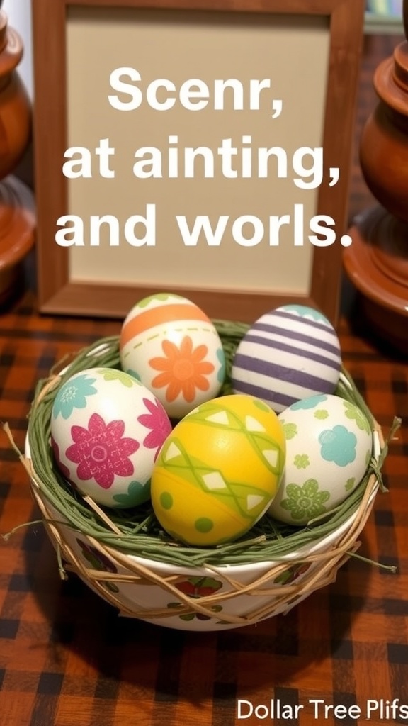 A basket with colorful painted wooden eggs, showcasing various patterns and designs.