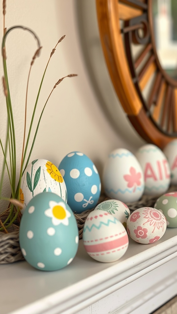 A collection of colorful painted wooden eggs displayed on a mantle