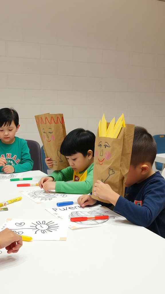 Children creating paper bag puppets at a table, focused on their crafts.