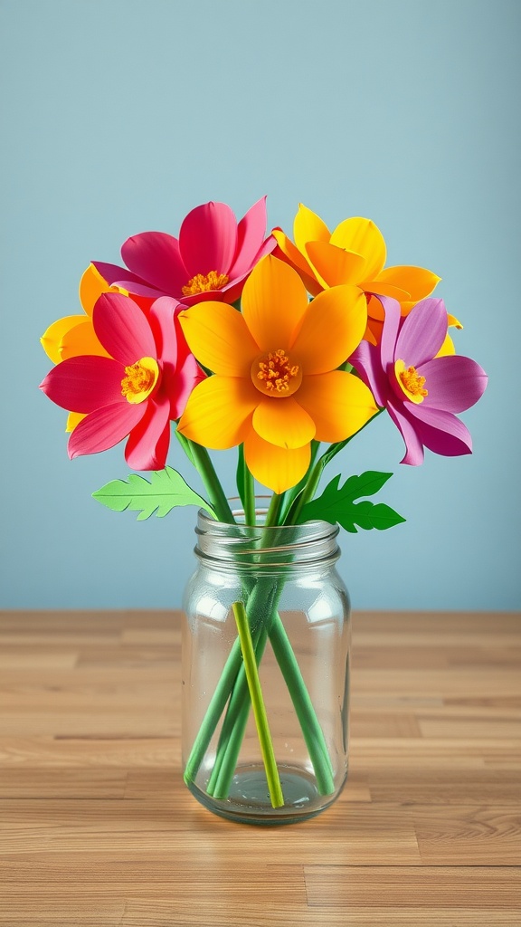 Colorful paper flower bouquet in a glass jar