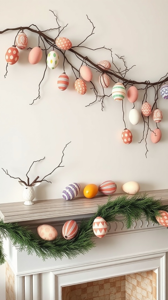 Display of colorful paper mache eggs hanging from branches on a mantel, with an arrangement of more eggs and greenery.