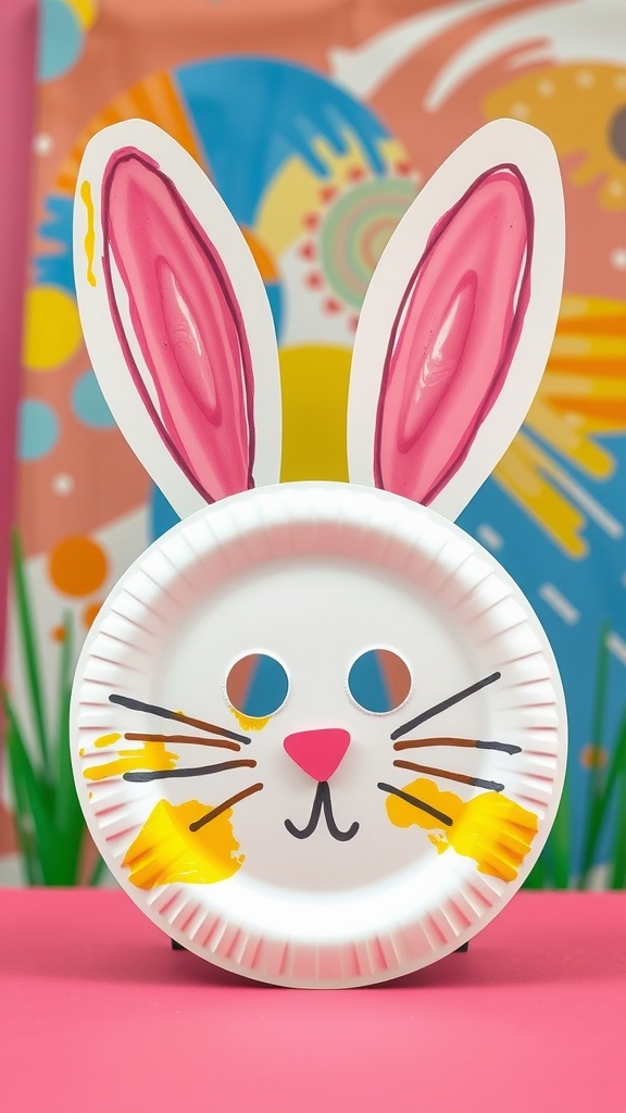 A colorful paper plate bunny mask with pink ears and a playful face