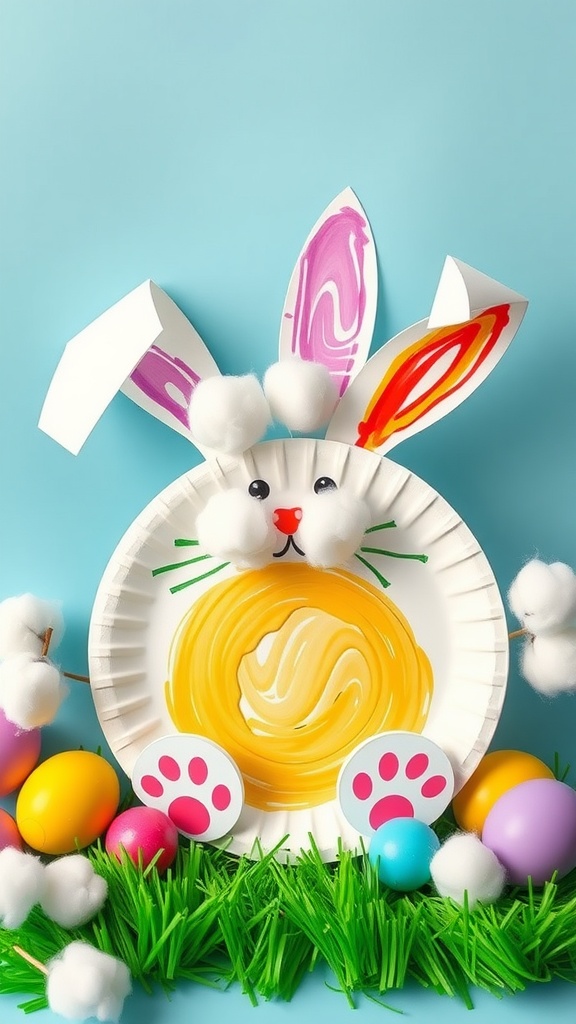 A colorful paper plate bunny crafted with cotton balls, paper ears, and surrounded by Easter eggs.