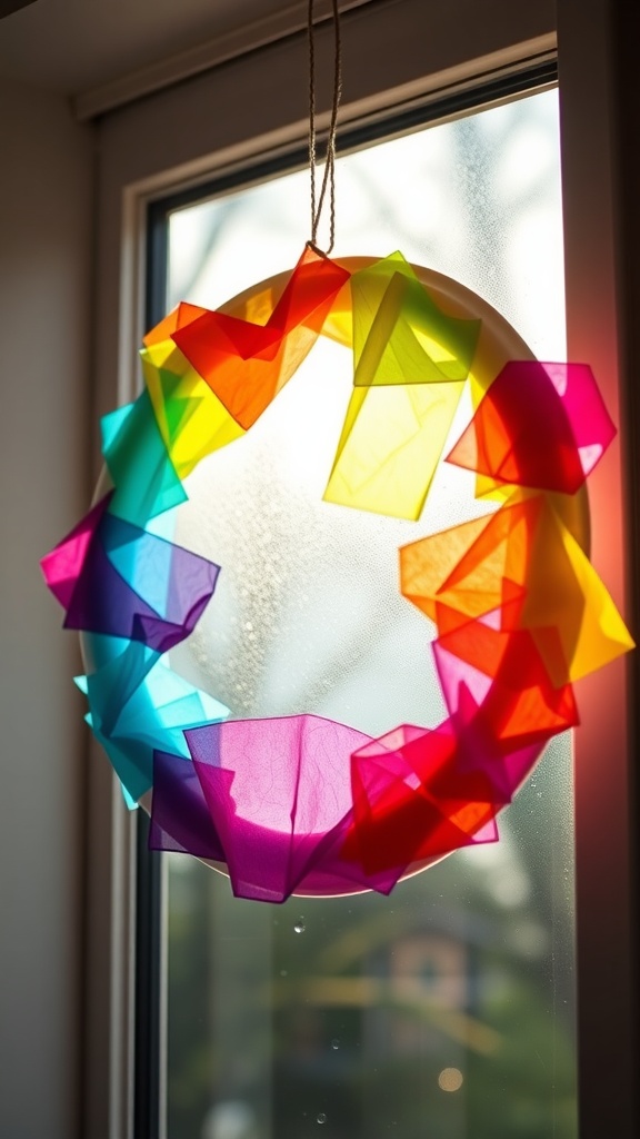 Colorful paper plate sun catcher hanging in a window