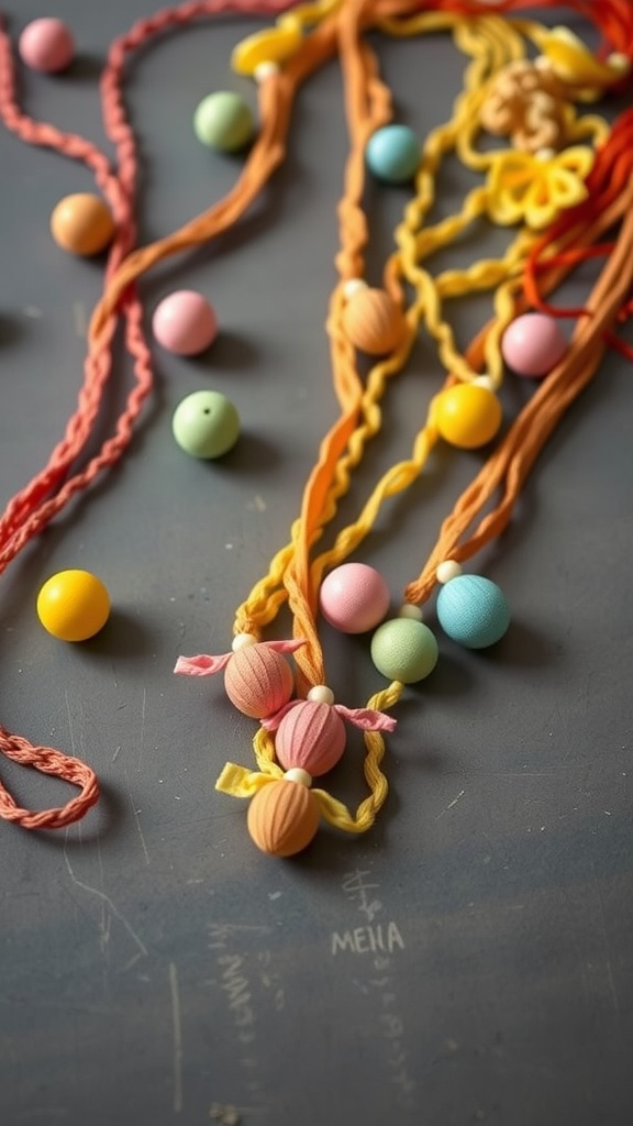 Colorful pasta necklace eggs with various beads and strings