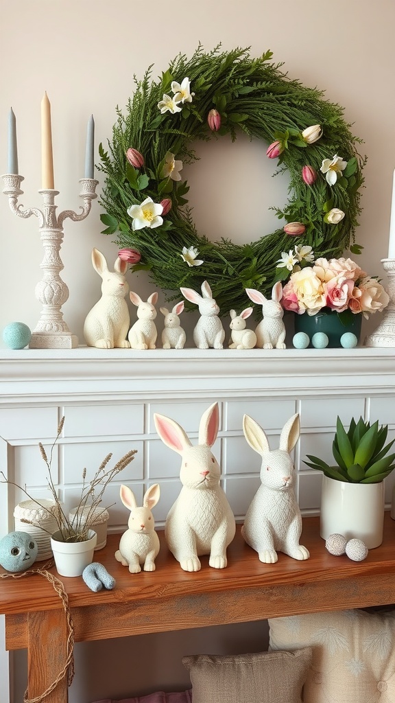 A pastel-themed Easter mantel with bunny decor, a green wreath, and soft-colored candles.