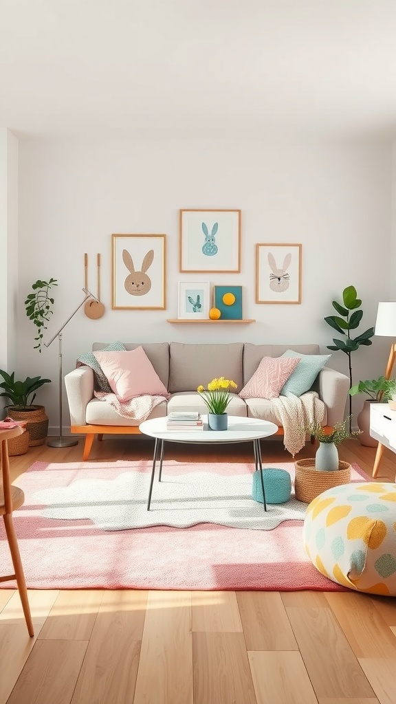 A cozy living room decorated for Easter with pastel colors, featuring bunny artwork, a light sofa, and soft textures.