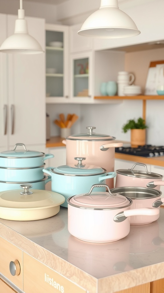 A collection of pastel colored cookware including pots and lids in soft blues, pinks, and yellows on a kitchen island.