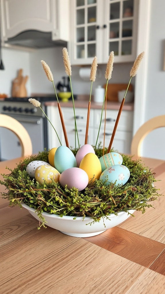 Pastel Easter egg centerpiece in a white bowl with moss and decorative stems on a kitchen table