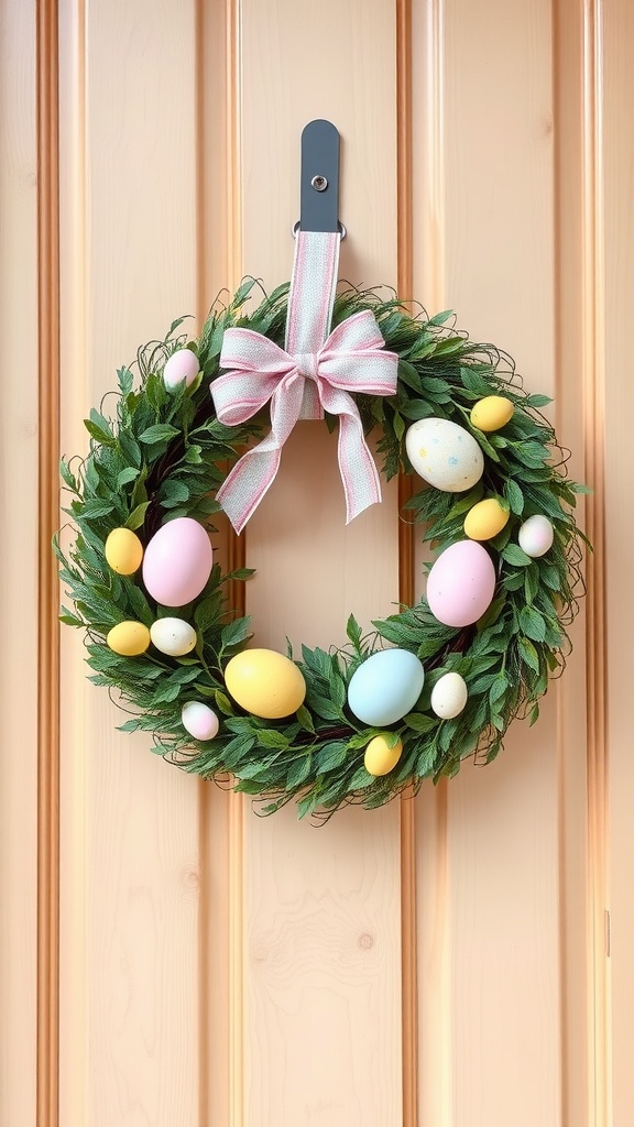 Pastel Easter egg wreath with pink, blue, and yellow eggs on a door