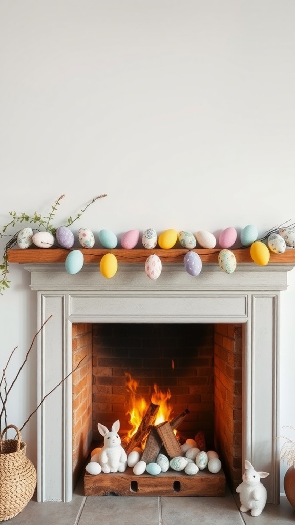 A cozy fireplace mantel decorated with a pastel Easter eggs garland, featuring colorful eggs, bunny decorations, and a warm fire.