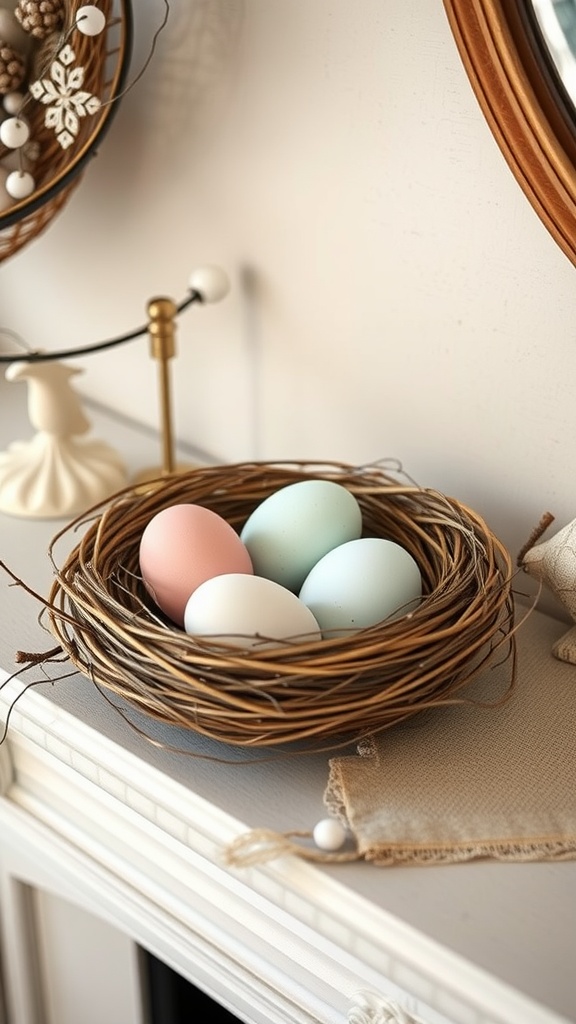 A basket containing pastel colored eggs on a mantle with decorative elements.