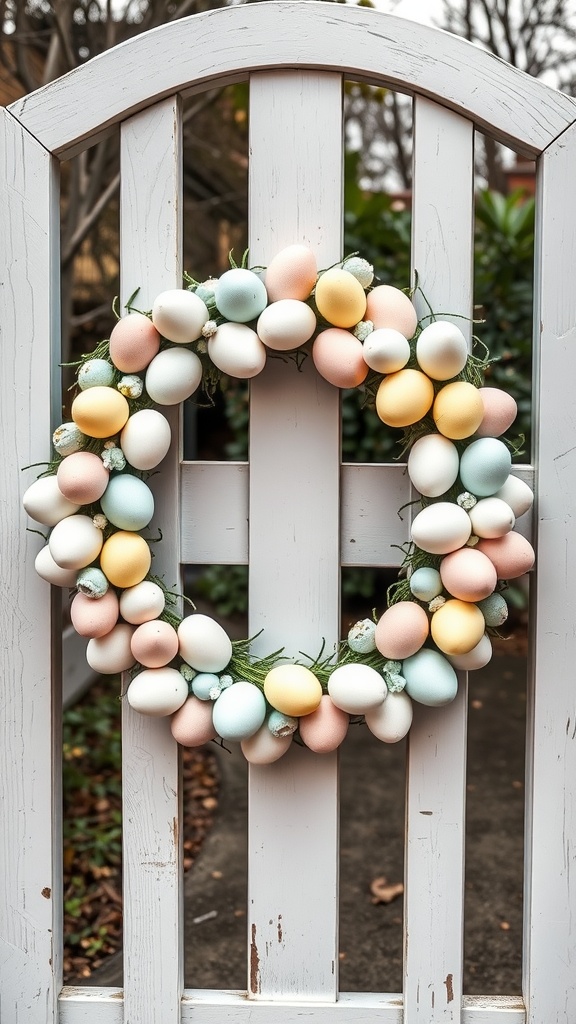 A pastel egg wreath featuring colored eggs in soft shades of pink, blue, yellow, and white, hanging on a white wooden fence.