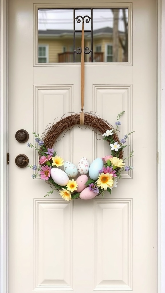 A pastel egg wreath with colorful eggs and flowers hanging on a front door