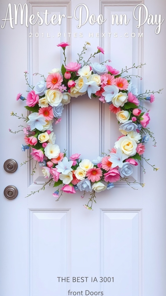 A pastel floral wreath featuring pink, blue, and yellow flowers on a front door.