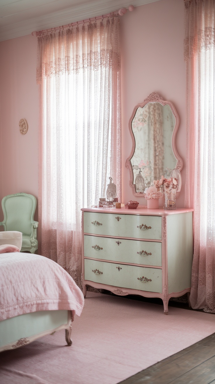 A pastel-themed shabby chic bedroom featuring pink walls, lace curtains, a vintage mirror, and a mint green chair.