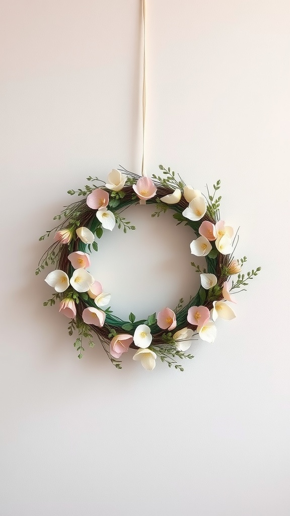 Pastel petal wreath with white and pink flowers on a neutral wall