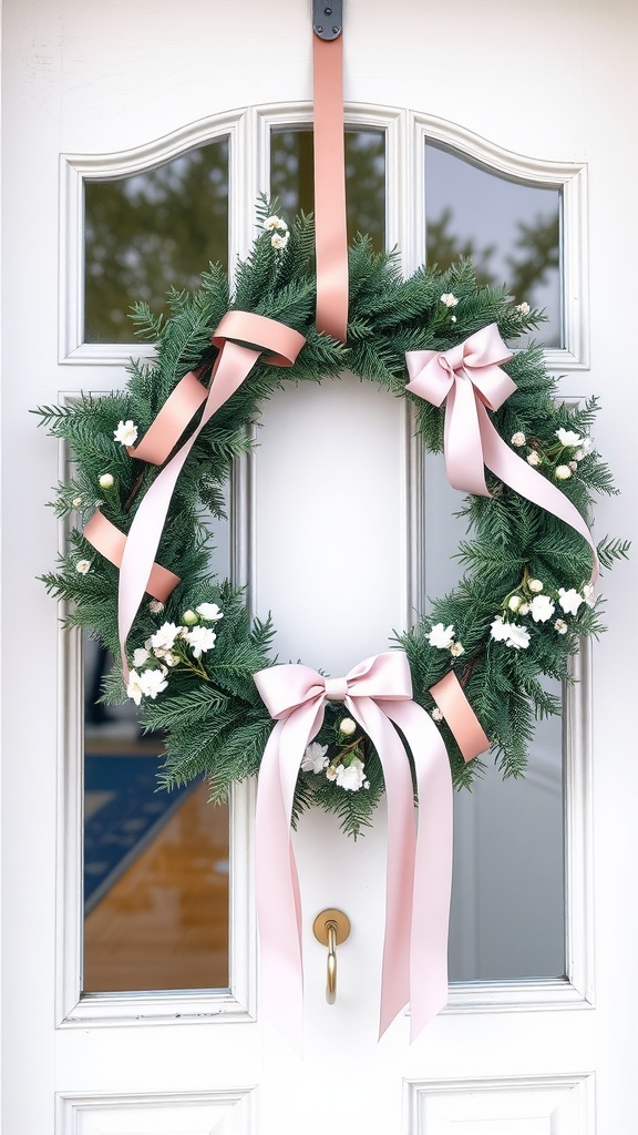 A beautifully decorated wreath with pastel pink ribbons and white flowers hanging on a door.