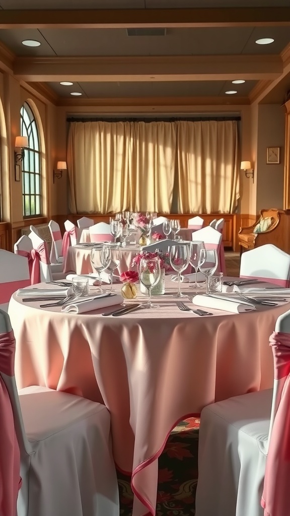 A beautifully arranged table setting with pastel pink table linens, white chairs with pink sashes, and elegant glassware.