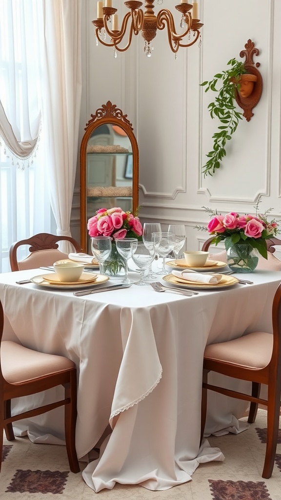 A beautifully set dining table with a white tablecloth, elegant dinnerware, and pink roses in vases.