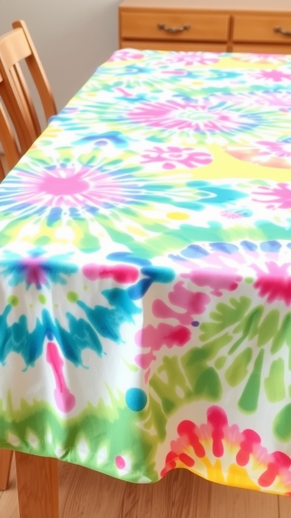 A colorful pastel tie-dye tablecloth on a wooden table.