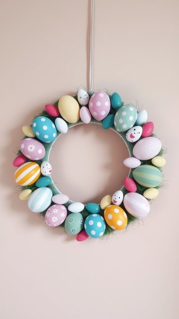 Colorful patchwork egg wreath with various decorated eggs