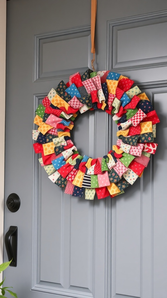 Colorful patchwork fabric wreath hanging on a front door.