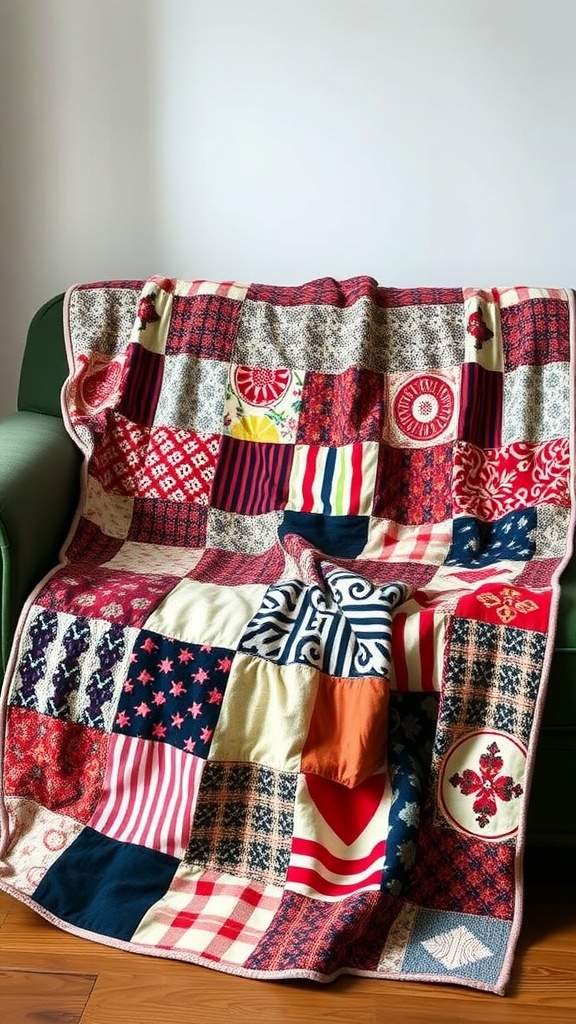 A colorful patchwork quilt displayed on a green couch, showcasing various patterns in red, blue, and cream.