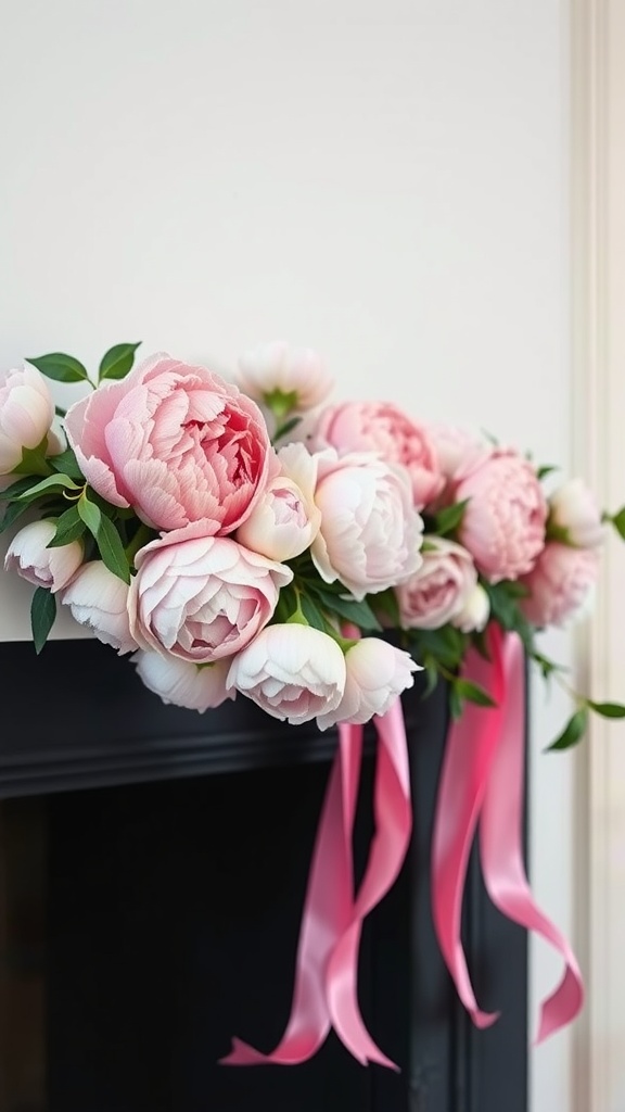 A garland made of pink and white peonies with pink ribbons hanging down, placed on a black mantle.